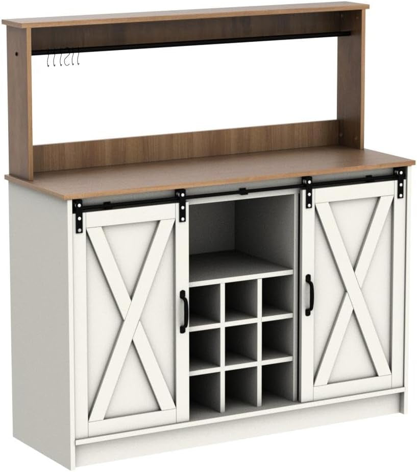 Farmhouse Coffee Bar Cabinet with Hutch, 47 Inch Buffet Cabinet with Storage, White Wine Bar with 9 Wine Racks and 6 Hooks, Coffee Bar Table with Adjustable Shelves for Living Dining Room
