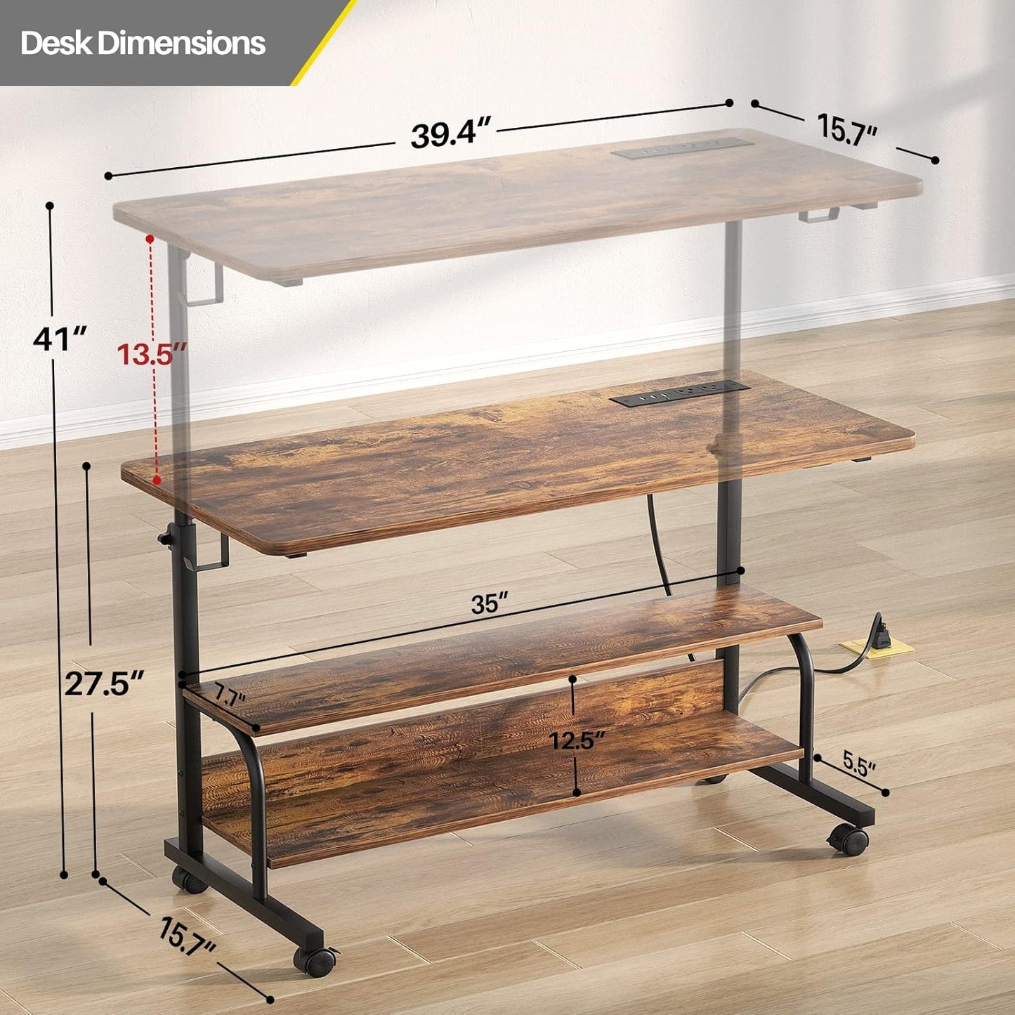 Height Adjustable Standing Desk with Power Outlets, 39" Manual Stand up Desk with Storage Shelves Small Mobile Rolling Computer Desk Portable Laptop Table with Wheels for Home Office, Rustic