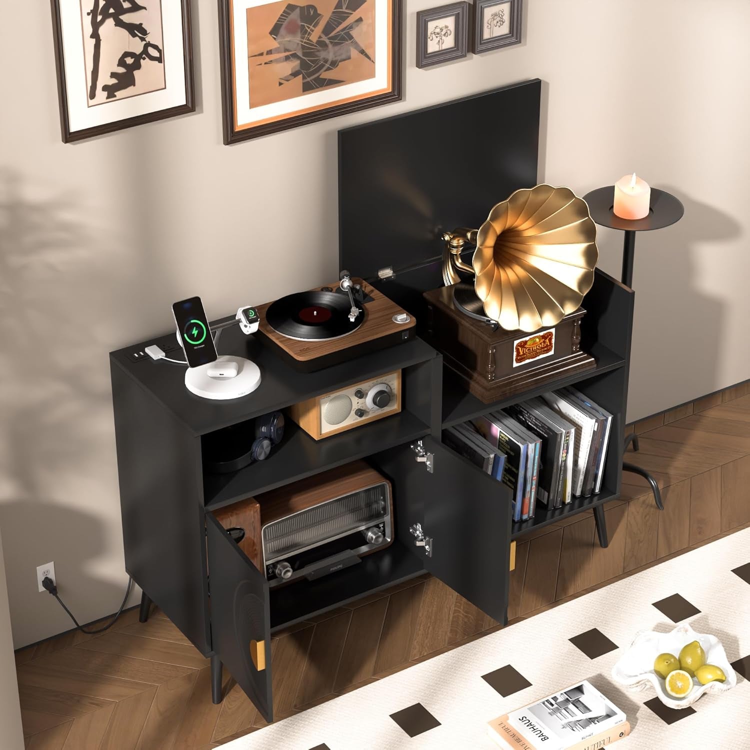 Large Record Player Stand, Mid Century Turntable Stand with Door, Record Player Table Holds up to 350 Albums,Vinyl Display Shelf for Living Room