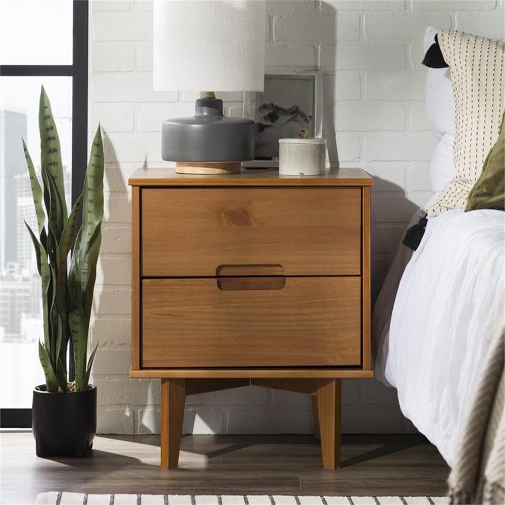 Mid Century Modern Grooved Handle Wood Nightstand Side Table Bedroom Storage Drawer and Shelf Bedside End Table, 2 Drawer, Caramel