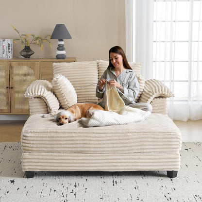 56" Oversized Chaise Lounge Chair, Beige Comfy Corduroy Chaise Sofa Recliner Bed Upholstered Sleeper Couch Bed with Throw Pillows and Armrests for Living Room, Movie Room, Bedroom