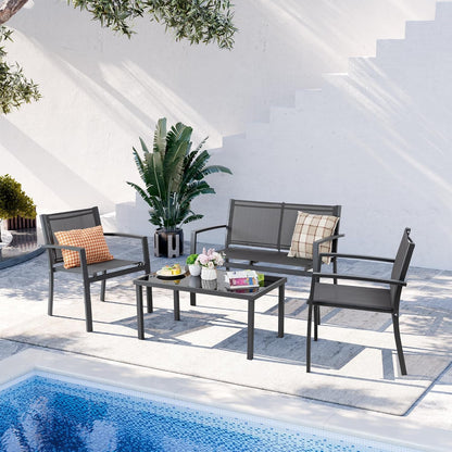 4 Pieces Patio Furniture Set All Weather Textile Fabric Outdoor Conversation Set, with Glass Coffee Table, Loveseat, 2 Single Chairs for Home, Garden, Lawn, Porch（Gray）