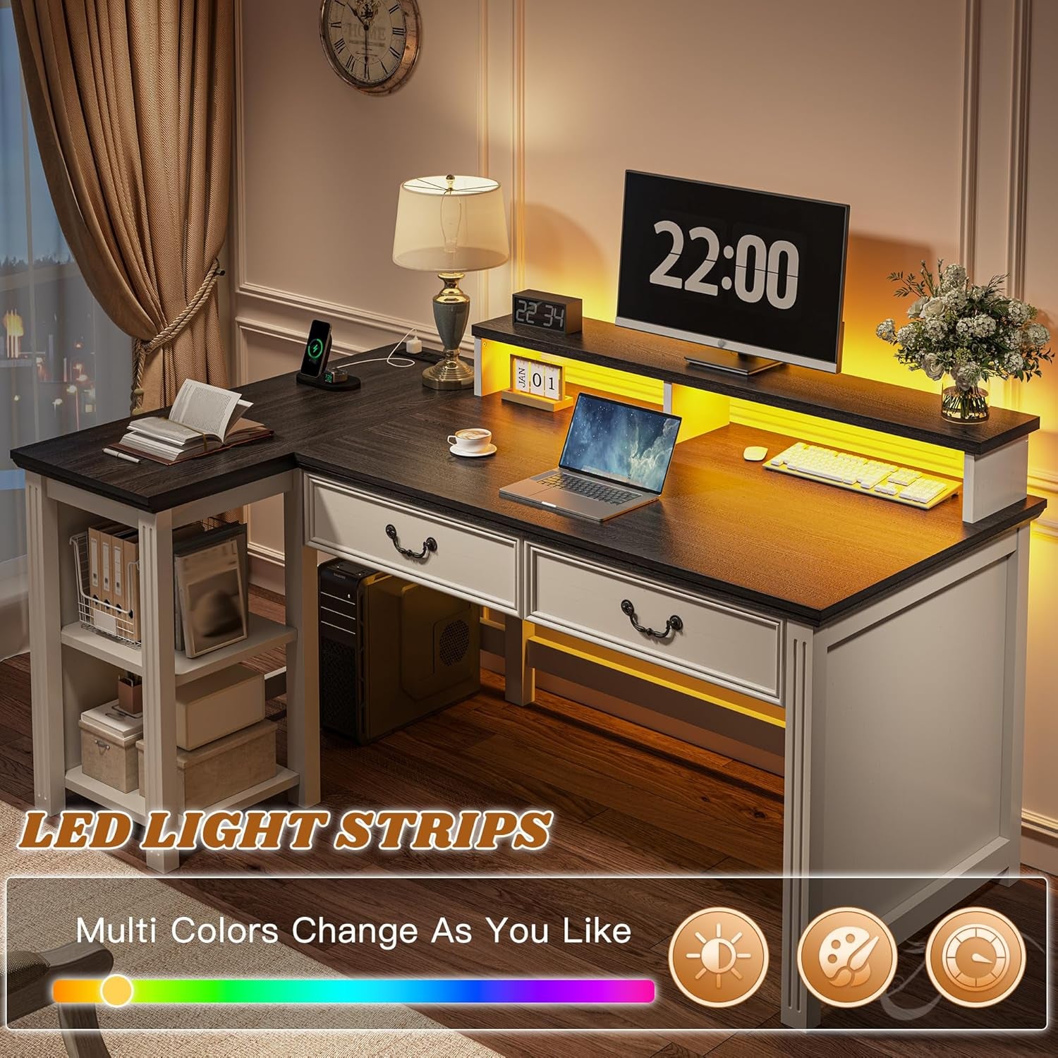 55" L Shaped Farmhouse Computer Desk with Drawers, Office Desk with Long Monitor Stand & Storage Shelves for Bedroom, Desk for Home Office, Desks with Power Outlets & LED Lights, Study Room