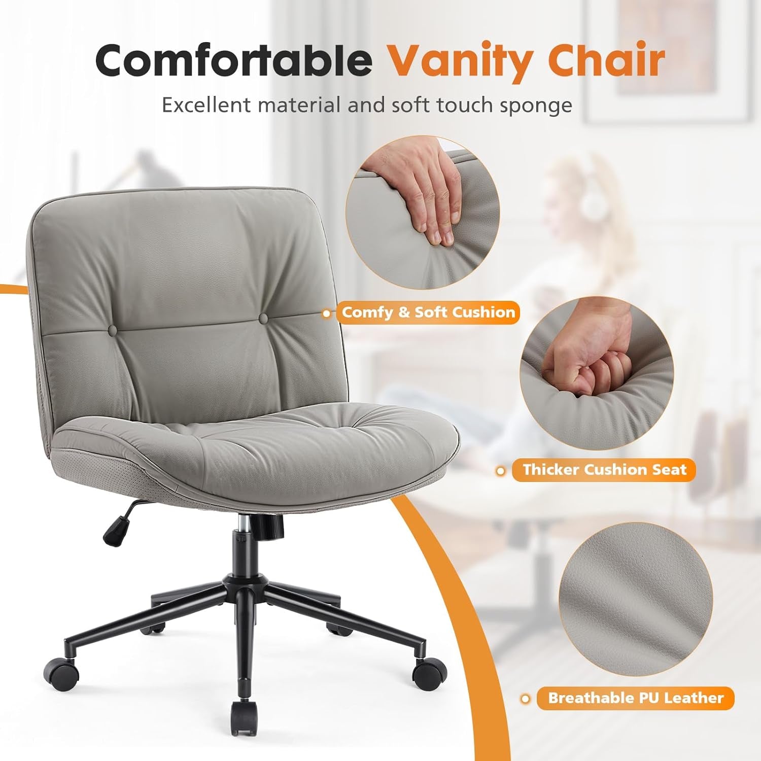 Criss Cross Armless Office Chair - PU Leather Adjustable Swivel Wide Seat with Thick Padding, Ergonomic Rolling Computer Desk Task Chair for Modern Vanity & Makeup with Wheels