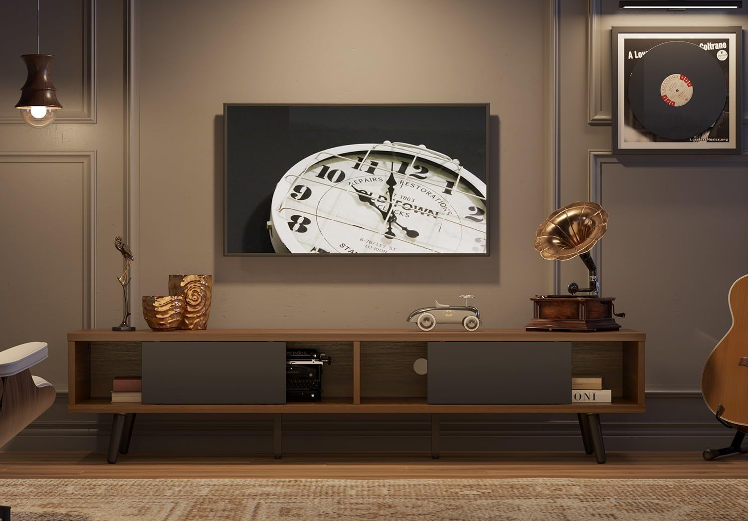 70 Inch Mid Century Modern TV Stand for 75 Inch TV, Low Profile TV Stand with Storage, Entertainment Center for Living Room, Cord Management, Walnut