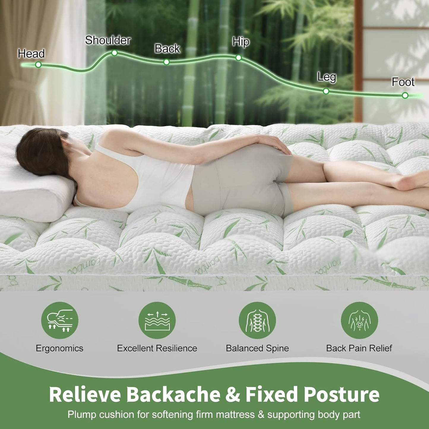 Mattress Topper Queen Size - 1200GSM 3D+7D down Alternative Fill, Viscose Made from Bamboo Cover, Extra Plush for Back Pain, 8"-18" Deep Pocket(Queen,60"X80")