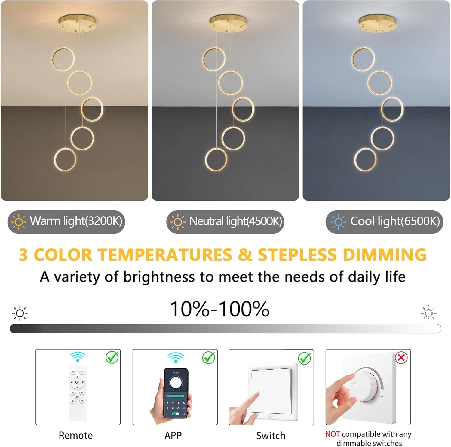 5 Rings Modern LED Chandelier Dimmable Dining Room Light Fixture with Remote 45W Gold Pendant Light for Living Room Foyer