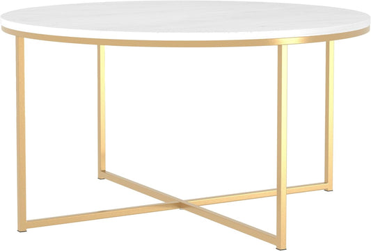 Modern Glam round Accent Faux White Marble Coffee Table with Gold X-Base, 36 Inch