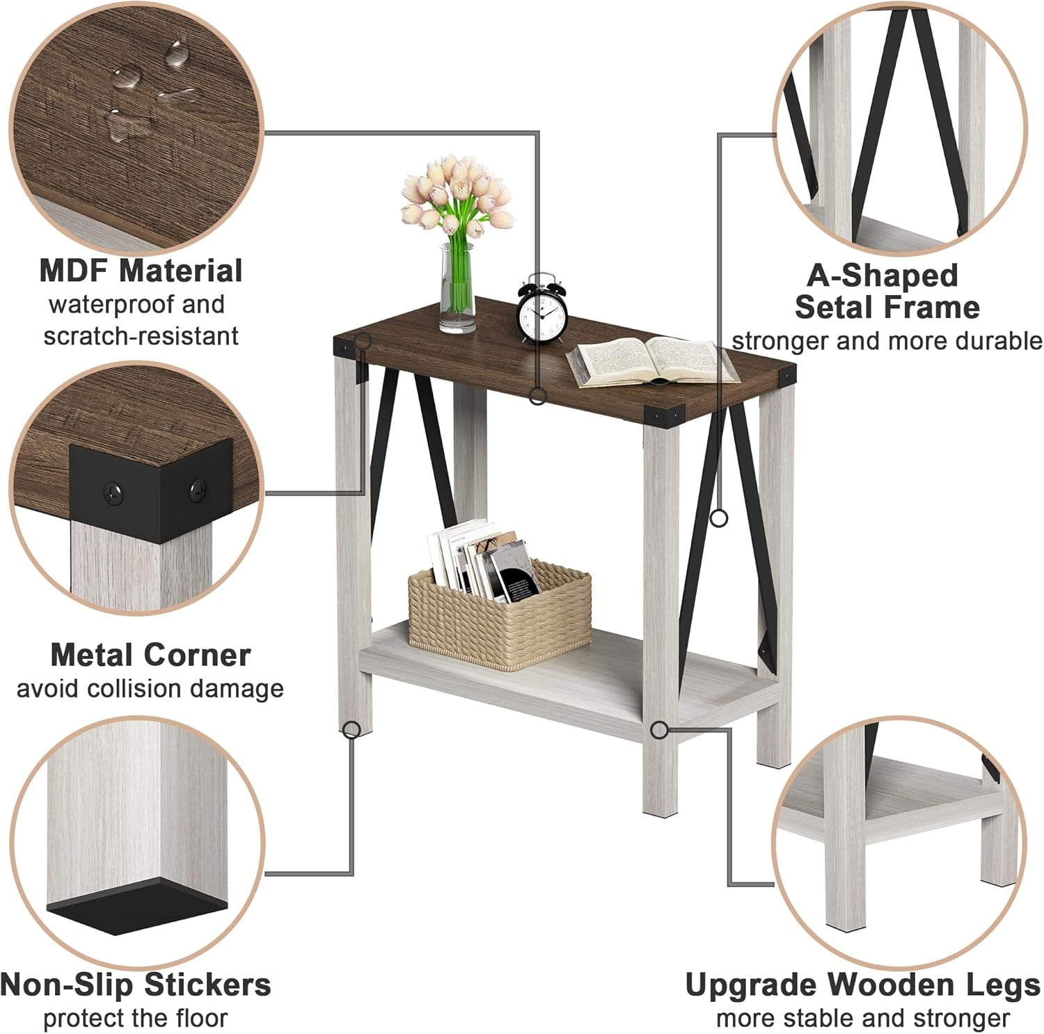 Farmhouse End Table for Small Spaces, Narrow Side End Table with Storage Shelf, Rustic A-Design Nightstand Sofa Table for Living Room, Bedroom (White & Brown)
