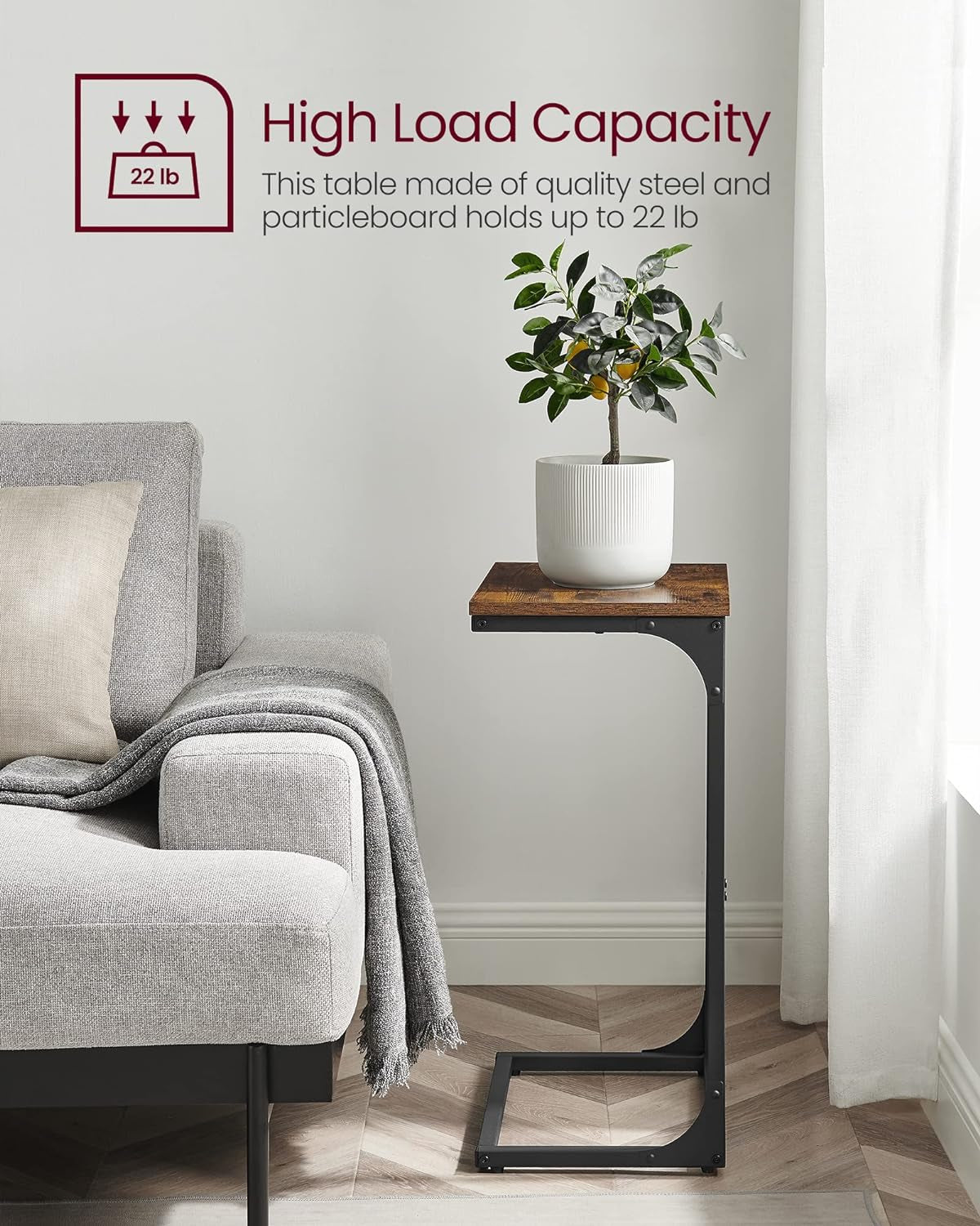 C-Shaped End Table, Side Table for Sofa, Couch Table with Metal Frame, Small TV Tray Table for Living Room, Bedroom, Rustic Brown and Black