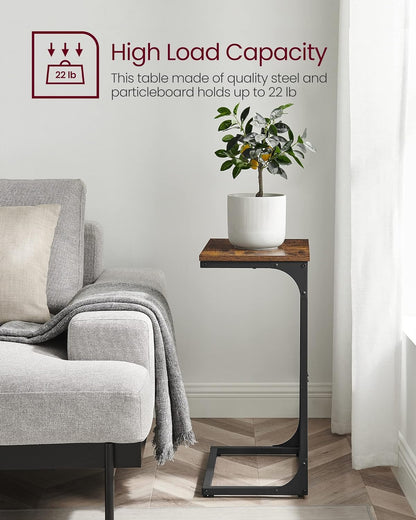 C-Shaped End Table, Side Table for Sofa, Couch Table with Metal Frame, Small TV Tray Table for Living Room, Bedroom, Rustic Brown and Black