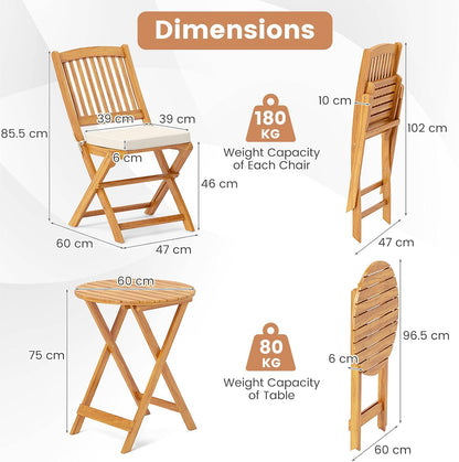 3Pcs Patio Bistro Set, Wood Folding Table Set, 2 Cushioned Chairs for Garden Yard, Outdoor Furniture round Table (Natural & Beige)