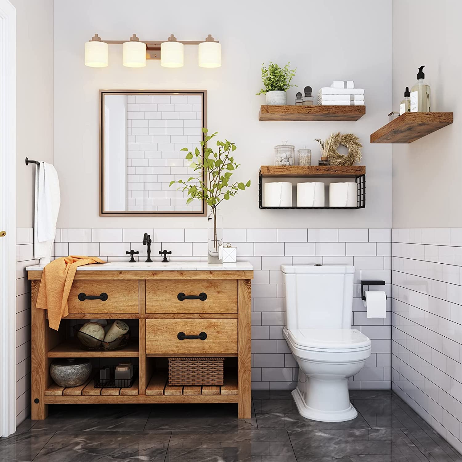 Bathroom Shelves over Toilet - Wall Mounted Floating Shelves Toilet Paper Storage Small Farmhouse Decor Shelf 16 Inch Set of 3, Rustic Brown (019-BN3)