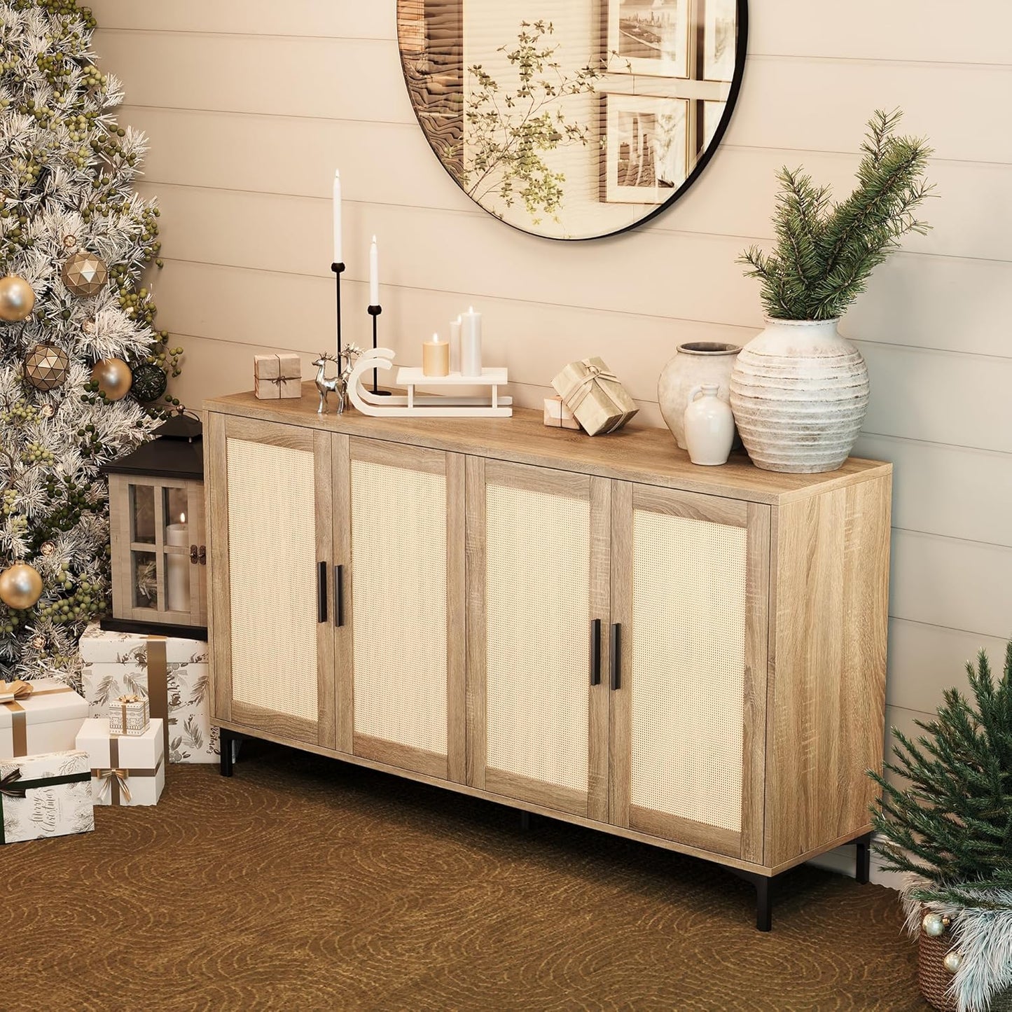 Buffet Cabinet with Storage, 48" Rattan Sideboard with Adjustable Shelves, Modern Coffee Bar Cabinet Console Table with Doors, Credenza for Kitchen, Living Room, Entryway, Dining Room, Wood
