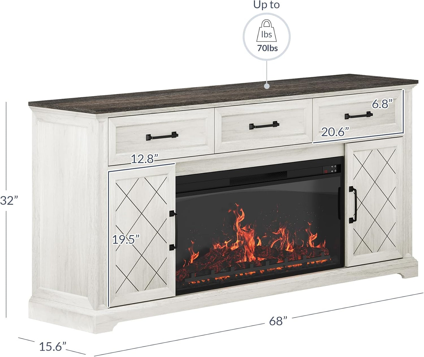 68" Farmhouse TV Stand with Electric Fireplace & Crackling Sound, Media Console with Storage Cabinets & 3 Drawers for Tvs up to 75", Rustic Entertainment Center for Living Room(White)