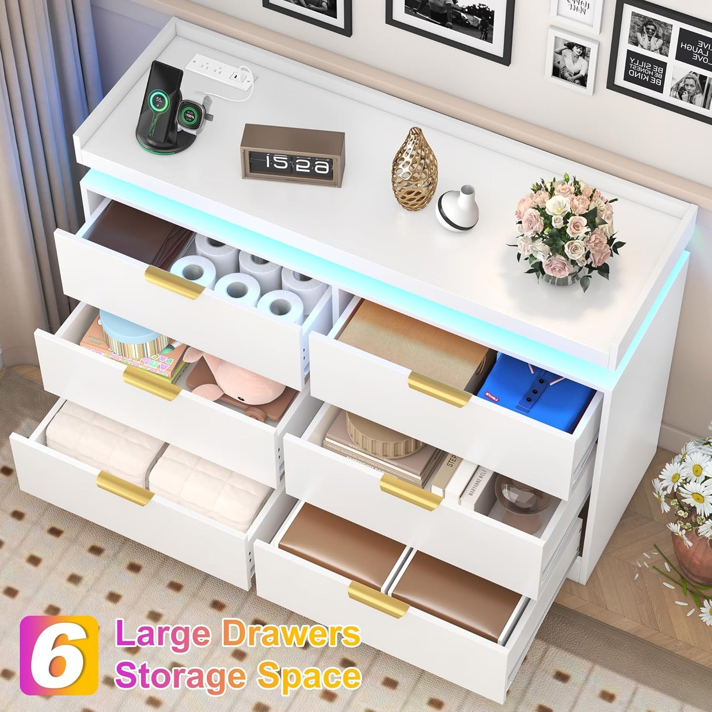 6 Drawer Dresser for Bedroom, White Dresser with LED Lights and Power Outlet, Modern Chest of Drawers for Closet, Double Wide Drawer Organizer Cabinet for Bedroom, Living Room, Entryway, Hallway