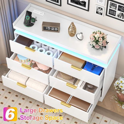 6 Drawer Dresser for Bedroom, White Dresser with LED Lights and Power Outlet, Modern Chest of Drawers for Closet, Double Wide Drawer Organizer Cabinet for Bedroom, Living Room, Entryway, Hallway