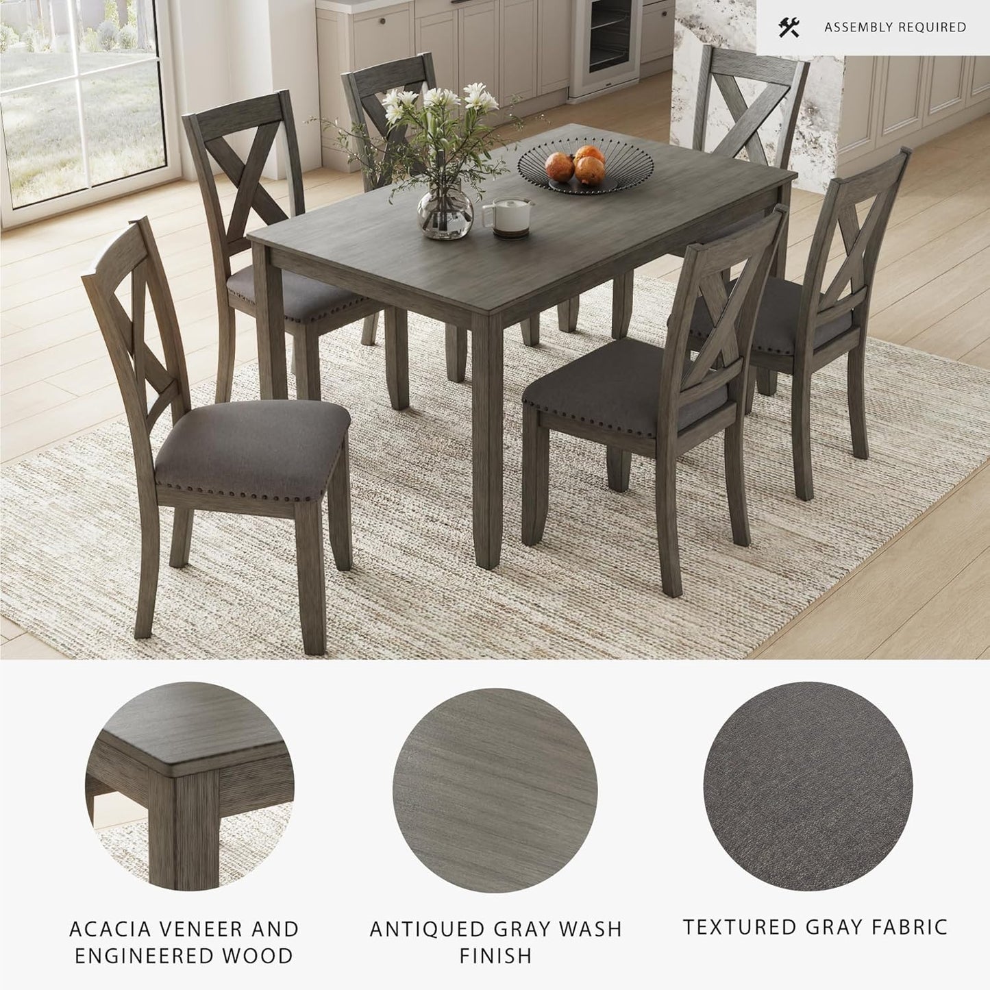 Caitbrook Rustic 7 Piece Dining Set, Include Table and 6 Chairs, Gray