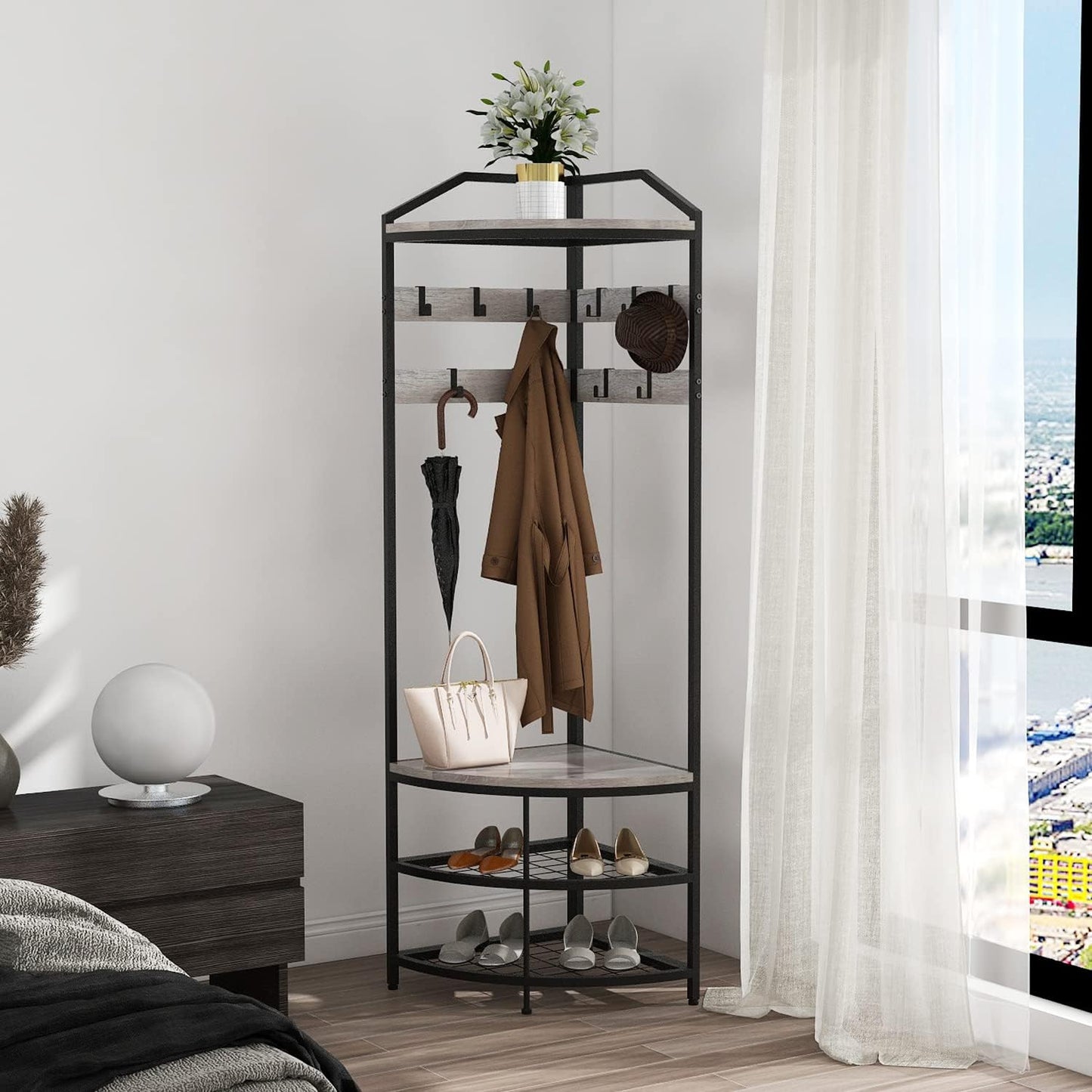Grey Corner Hall Tree with Shoe Bench Entryway Coat Rack with 10 Metal Movable Hooks Rustic Farmhouse Floorstanding Clothes Rack Shoes Shelf Organizer for Home Office Bedroom (Greige)