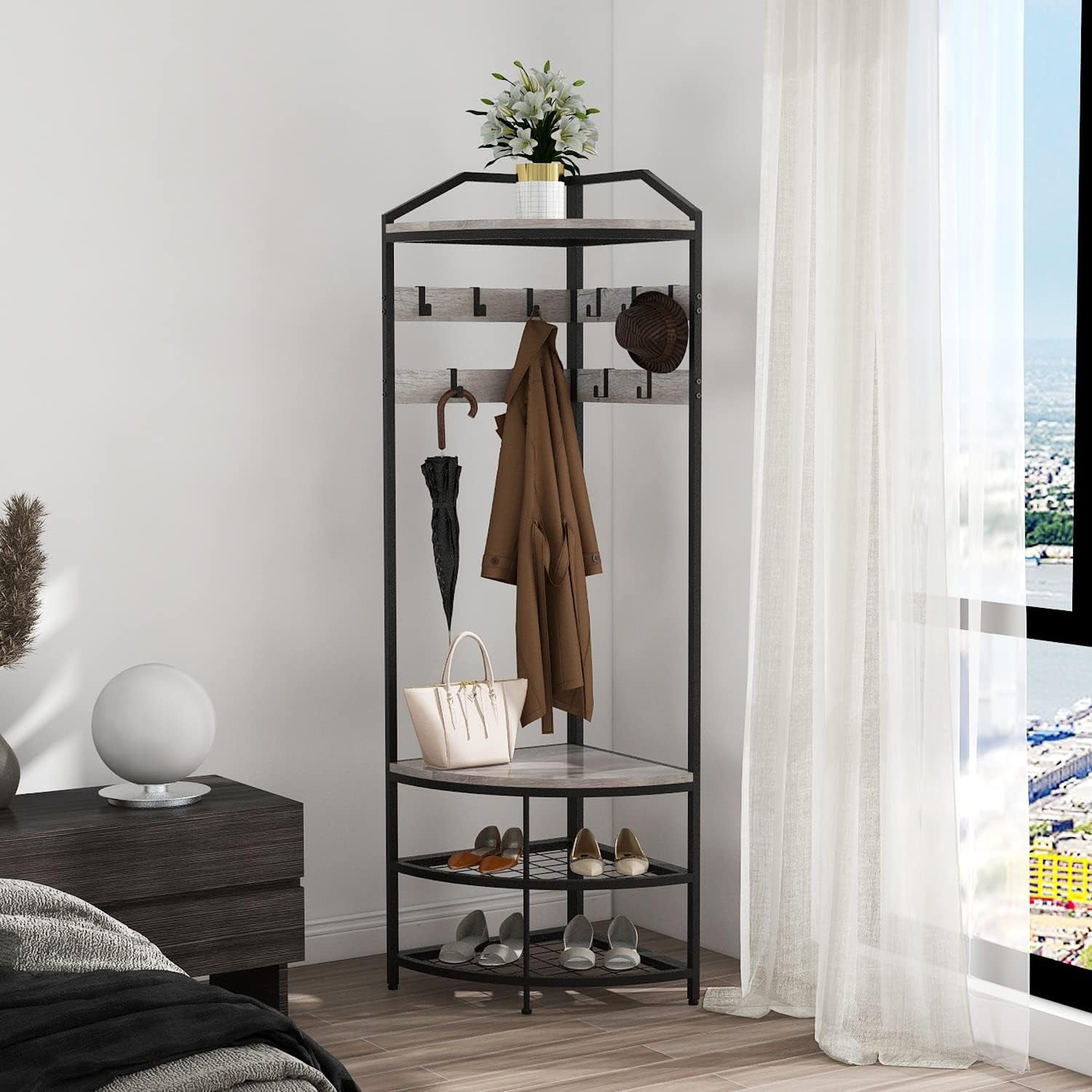 Grey Corner Hall Tree with Shoe Bench Entryway Coat Rack with 10 Metal Movable Hooks Rustic Farmhouse Floorstanding Clothes Rack Shoes Shelf Organizer for Home Office Bedroom (Greige)