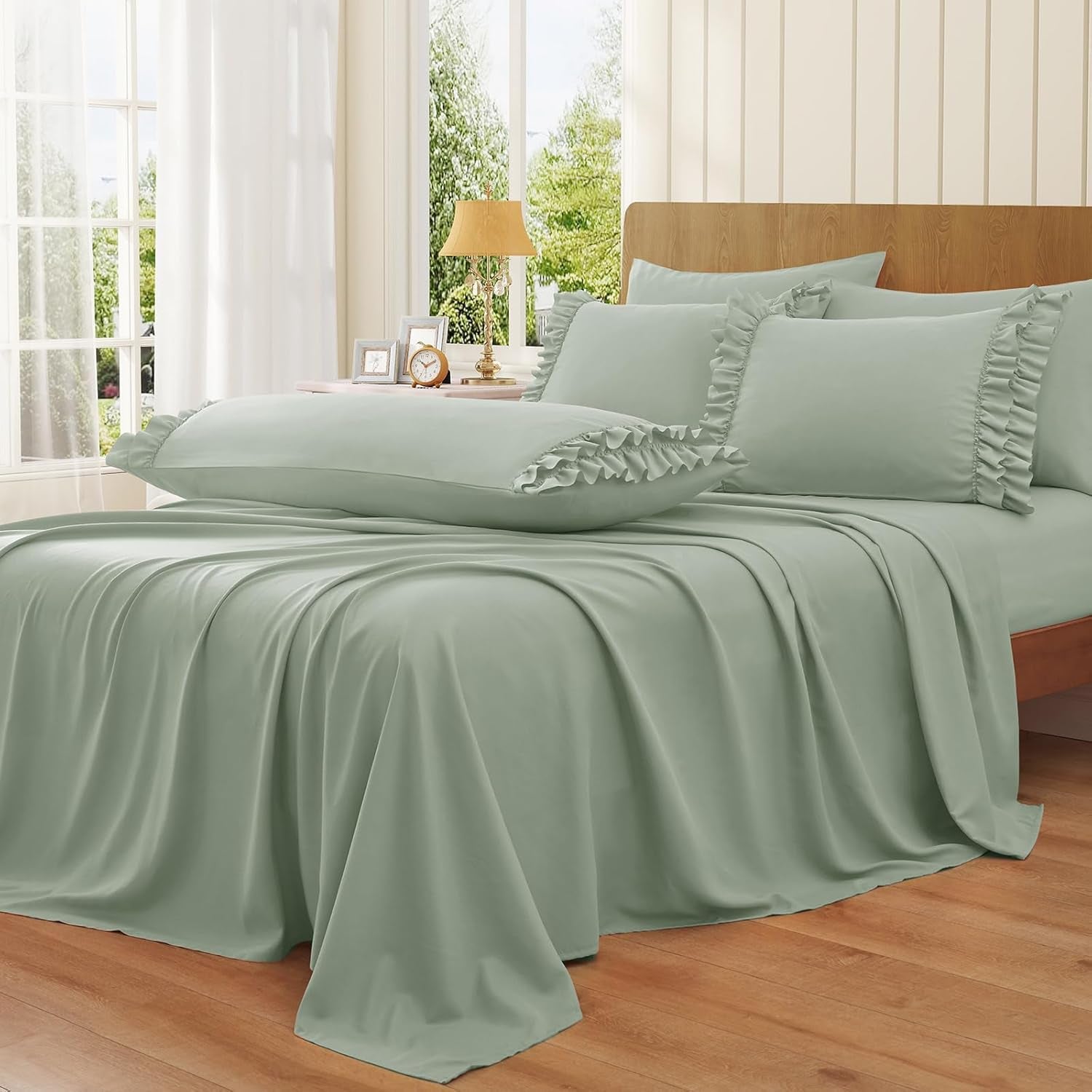 Ruffled Pillow Cases Set of 2, King Microfiber Pillowcases, Decorative Ruffle Pillow Covers with Envelope Closure, 20X36 Inches Sage Green Boho Pillow Shams