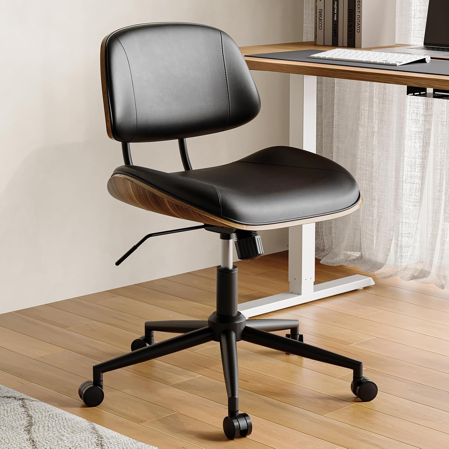 Armless Office Chair with Wheels, PU Leather Adjustable Height Desk Chair - 360° Swivel Ergonomic Computer Chair for Small Space, Modern Walnut Style, Home & Meeting Room, Black