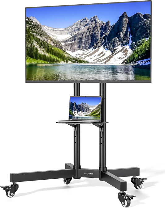 Heavy-Duty Rolling TV Stand for 32–85" Screens — Supports 187 Lbs (154 Lbs TV + 33 Lbs Shelf), Stable Mobile TV Cart with Shelf & Locking Wheels, Floor TV Stand, Max VESA 600X400, Black