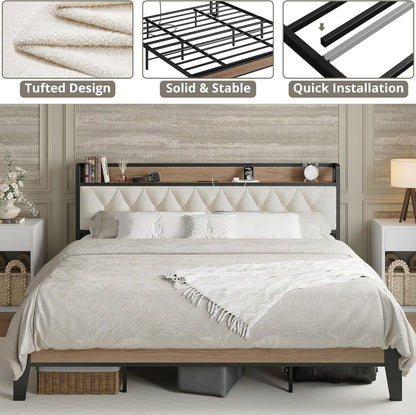 California King Bed Frame, Storage Headboard with Charging Station, Platform Bed Frame with Strong Metal Support, Sturdy and Stable, Noise Free, No Box Spring Needed, Easy Assembly
