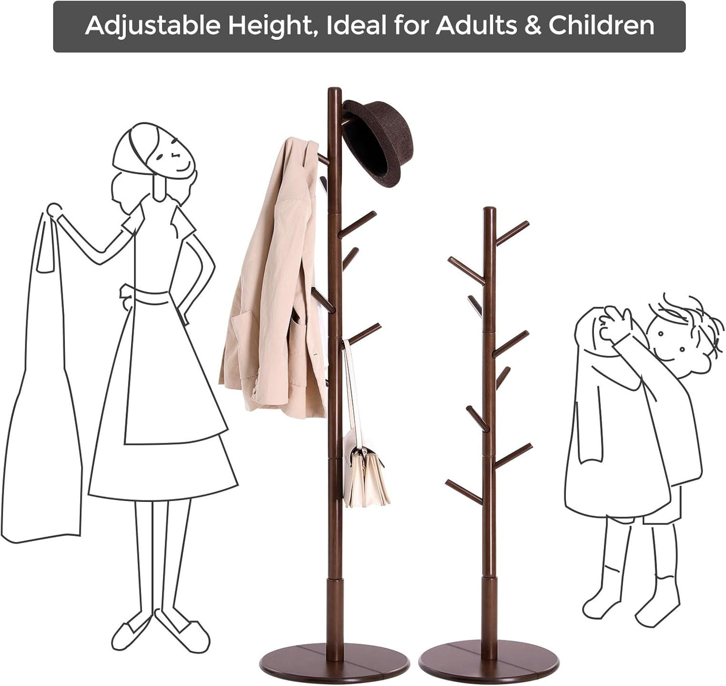 Solid Wood Coat Rack, Free Standing Hall Coat Tree with 8 Hooks, 3 Height Options, for Coats, Hats, Bags, Purses, for Entryway, Hallway, Rubberwood Hooks and Pole, Cloud White URCR010W02