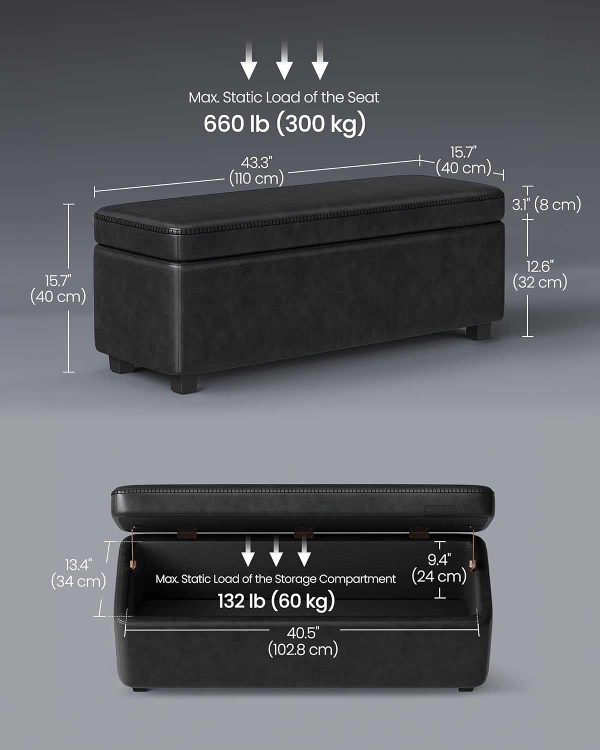 EKHO Collection - Storage Bench for Entryway, Ottoman Bench with Steel Frame, 43.3-Inch Wide, Synthetic Leather, Living Dining Room, Mid-Century Modern, Loads 660 Lb, Ink Black ULOM085B01