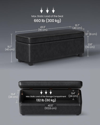 EKHO Collection - Storage Bench for Entryway, Ottoman Bench with Steel Frame, 43.3-Inch Wide, Synthetic Leather, Living Dining Room, Mid-Century Modern, Loads 660 Lb, Caramel Brown ULOM085K01