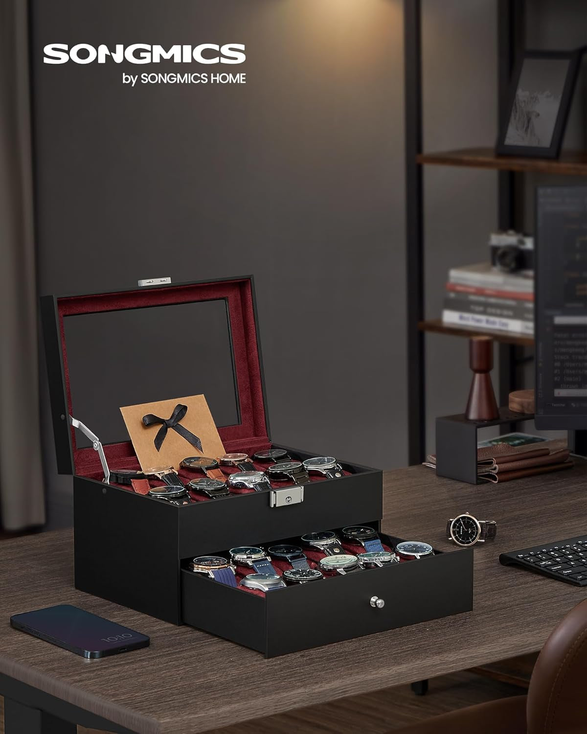 Watch Box, 20-Slot Watch Case Organizer with Large Glass Lid, Removable Pillows, Metal Lock, Gift for Loved Ones, Black Synthetic Leather, Wine Red Lining UJWB020R01