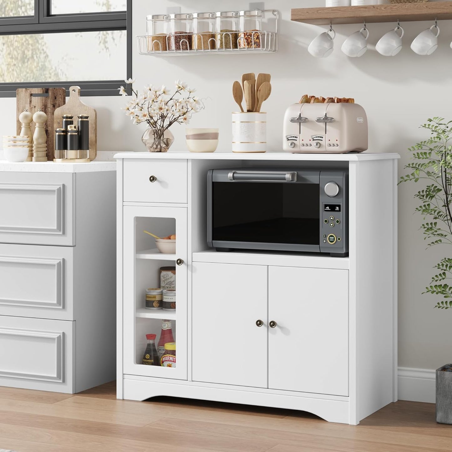 Microwave Cabinet, Kitchen Storage Cabinet with 3 Doors and 1 Drawer, Buffet Sideboard with Adjustable Shelves, Microwave Stand for Kitchen, Dining Room, White