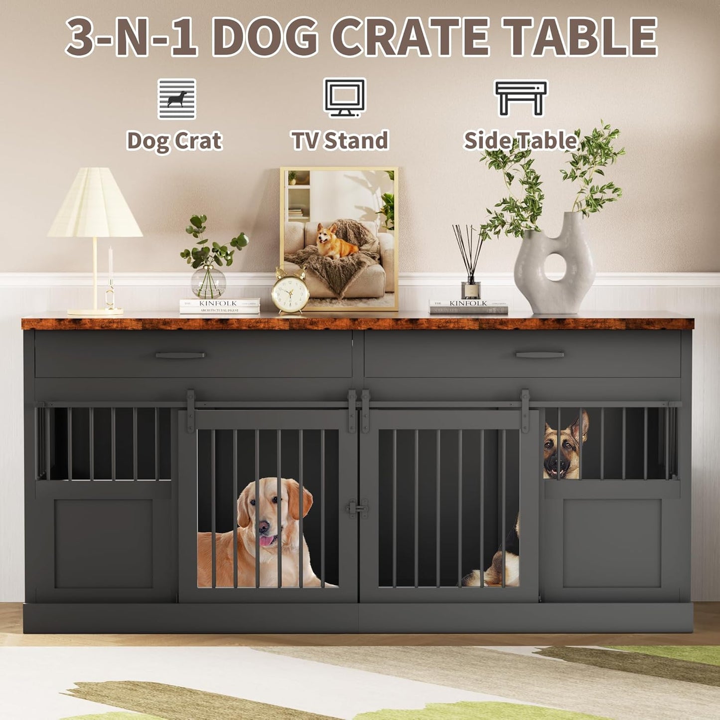 Large Dog Crate Furniture for 2 Dogs 71 Inches Decorative Indoor Dog Kennel Furniture with 2 Drawers XXL Heavy Duty Dog Crates Cage Furniture with Removable Divider and Sliding Doors Black