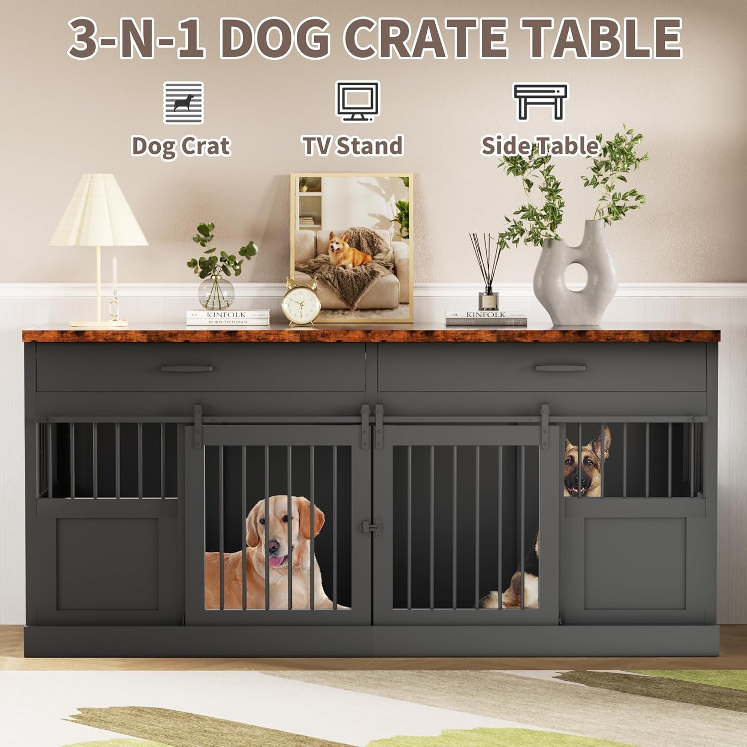 Large Dog Crate Furniture for 2 Dogs 71 Inches Decorative Indoor Dog Kennel Furniture with 2 Drawers XXL Heavy Duty Dog Crates Cage Furniture with Removable Divider and Sliding Doors Black