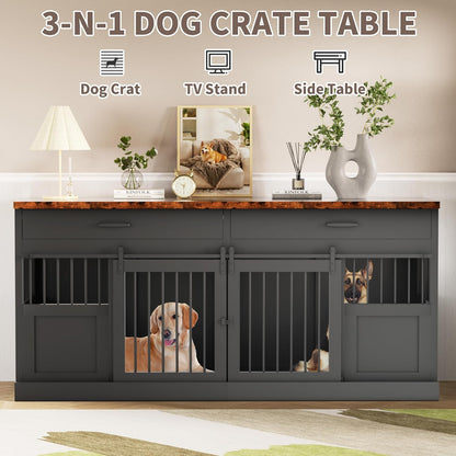 Large Dog Crate Furniture for 2 Dogs 71 Inches Decorative Indoor Dog Kennel Furniture with 2 Drawers XXL Heavy Duty Dog Crates Cage Furniture with Removable Divider and Sliding Doors Black