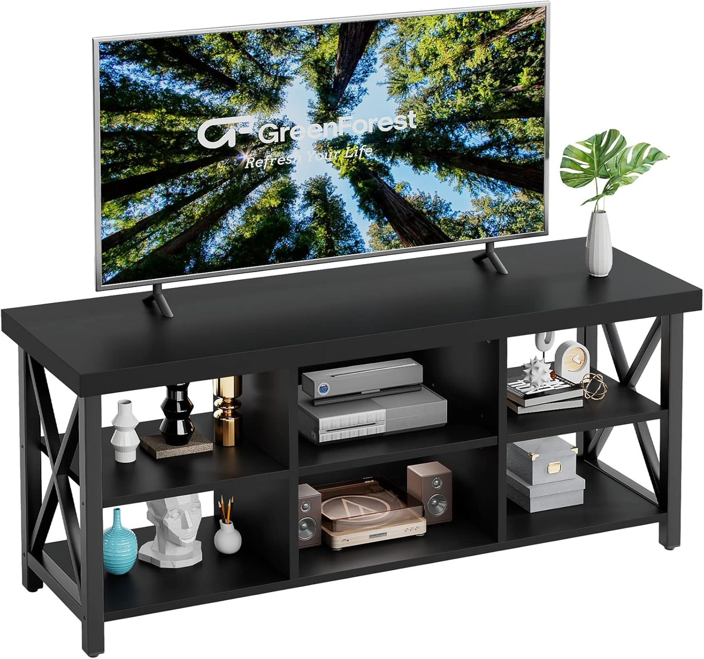 TV Stand for TV up to 65 Inches, Entertainment Center with 6 Storage Cabinet for Living Room, 55 Inch Farmhouse Television Stands Console Table, Industrial TV Stands for Living Room, Black