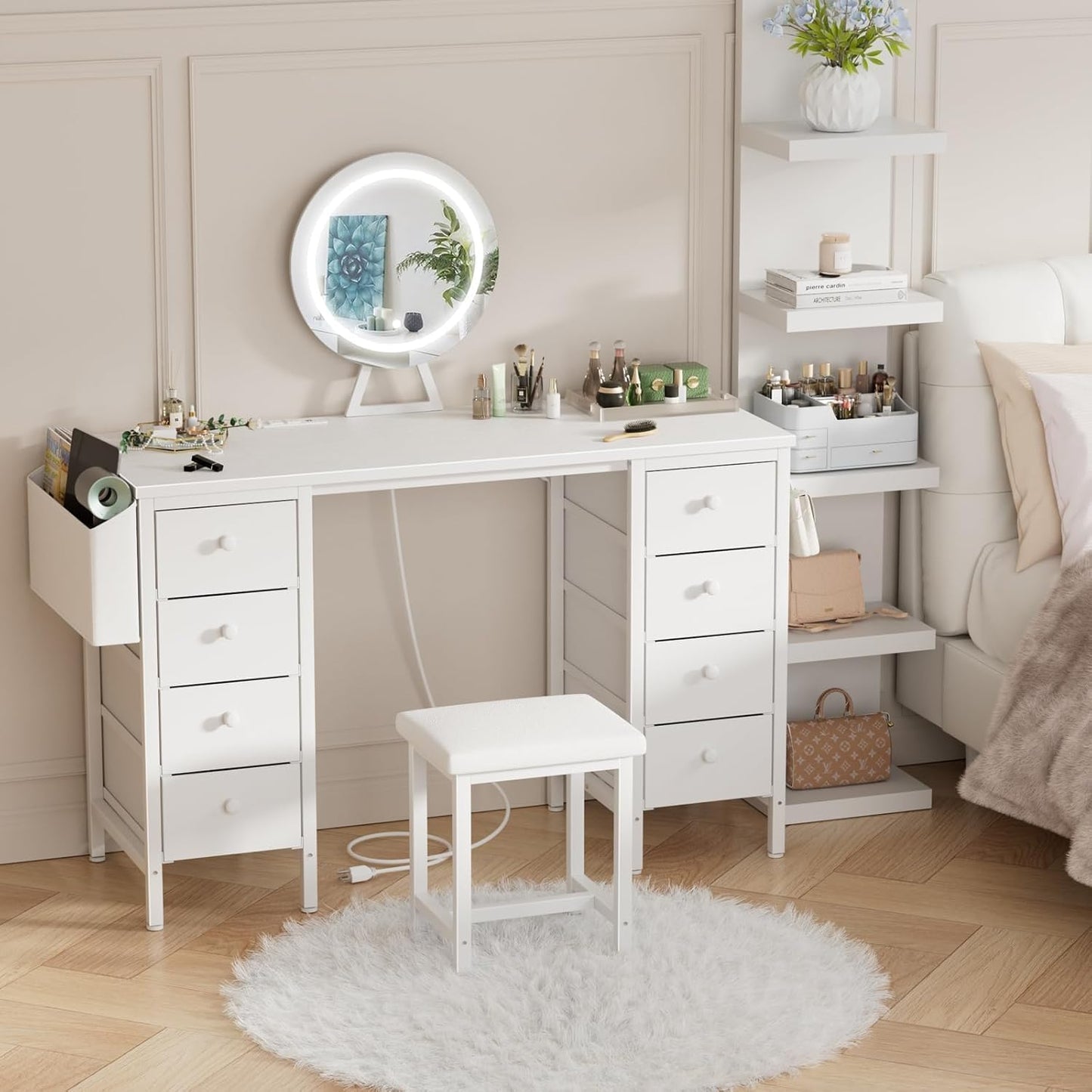 White Vanity Desk with Mirror and Light- Makeup Vanity Set Table with Chair, Storage, Lighted Mirror, 8 Large Fabric Drawers & Power Outlet, Dressing Table Vanities for Girls Bedroom