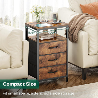 Nightstand with Charging Station, 27.6 Inch Bedside Table with Fabric Drawers, End Table with USB Ports and Outlets, Night Stand for Bedroom, Rustic Brown