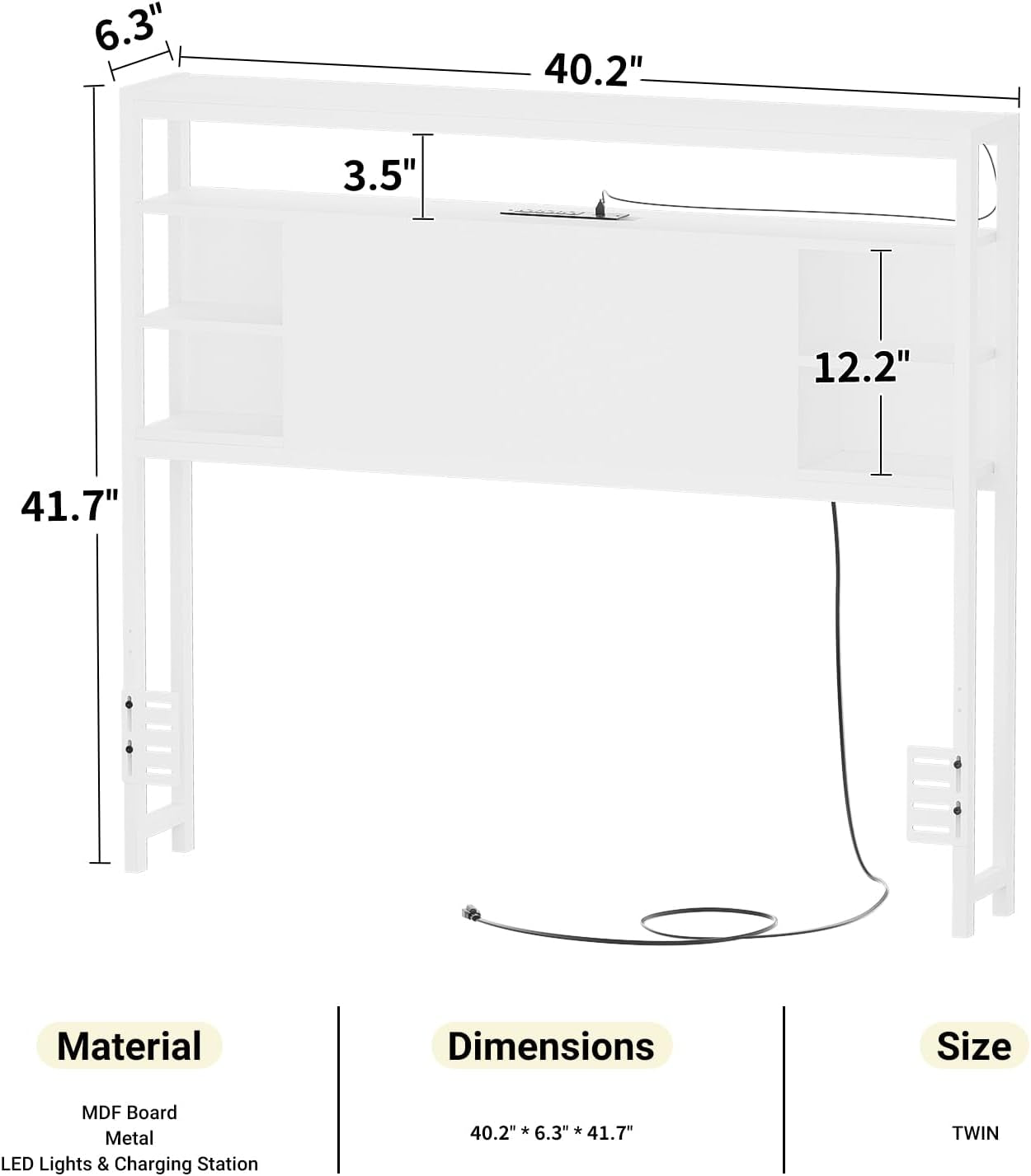 Twin Headboard with Storage, Headboard with Power Outlets and Smart LED Lights, Sturdy Head Board for Twin Size Bed, Stable Headboards Only for Bedroom, Dorm Room, Guest Room, White