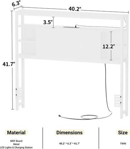 Twin Headboard with Storage, Headboard with Power Outlets and Smart LED Lights, Sturdy Head Board for Twin Size Bed, Stable Headboards Only for Bedroom, Dorm Room, Guest Room, White
