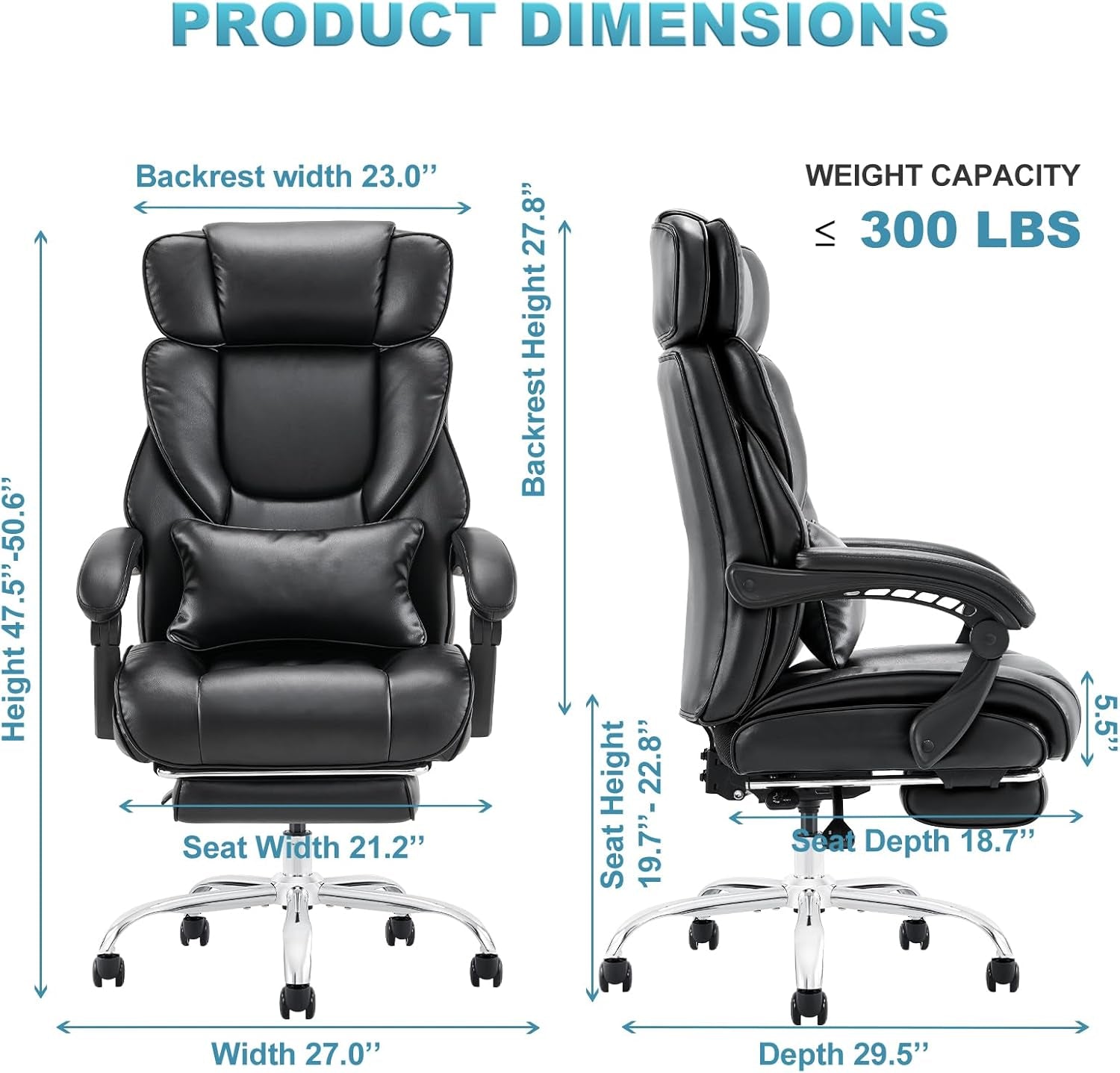 Office Chair with Retractable Footrest, Ergonomic High Back Design Executive Computer Desk Chair with Removable Lumbar Pillow, 90-135°Reclining, Thick Bonded Leather for Home Office Work, Black