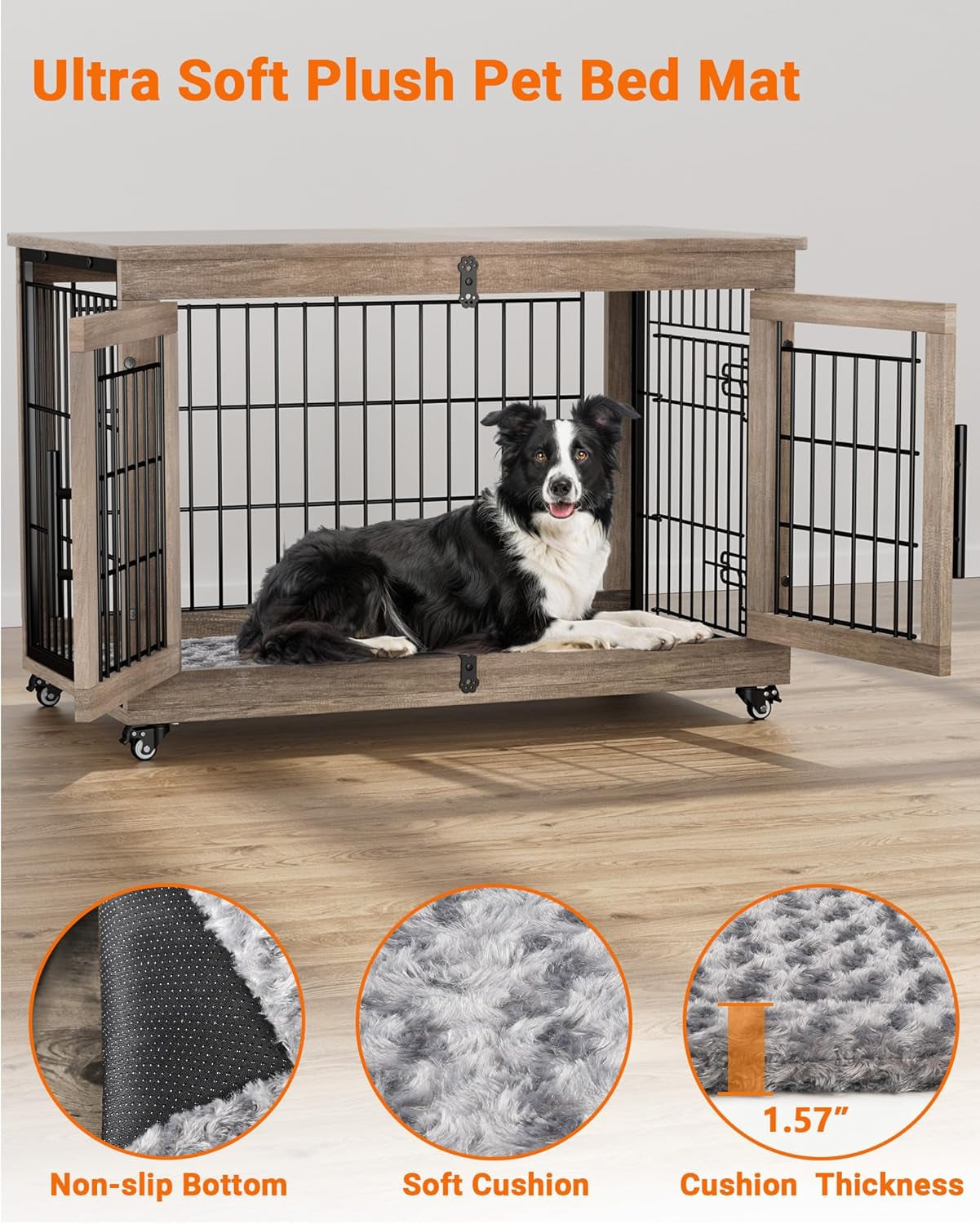 Dog Crate Furniture with Cushion, Large Wooden Dog Kennel Indoor with Double Doors, Dog Cage with Wheels, Dog House Side End Table for Large Medium Dogs up to 70 Lb, 38.5” L, Grey