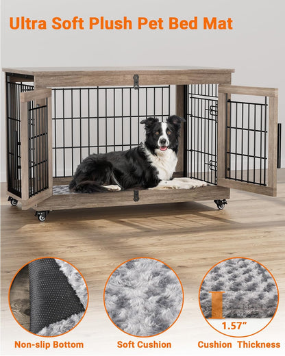 Dog Crate Furniture with Cushion, Large Wooden Dog Kennel Indoor with Double Doors, Dog Cage with Wheels, Dog House Side End Table for Large Medium Dogs up to 70 Lb, 38.5” L, Grey