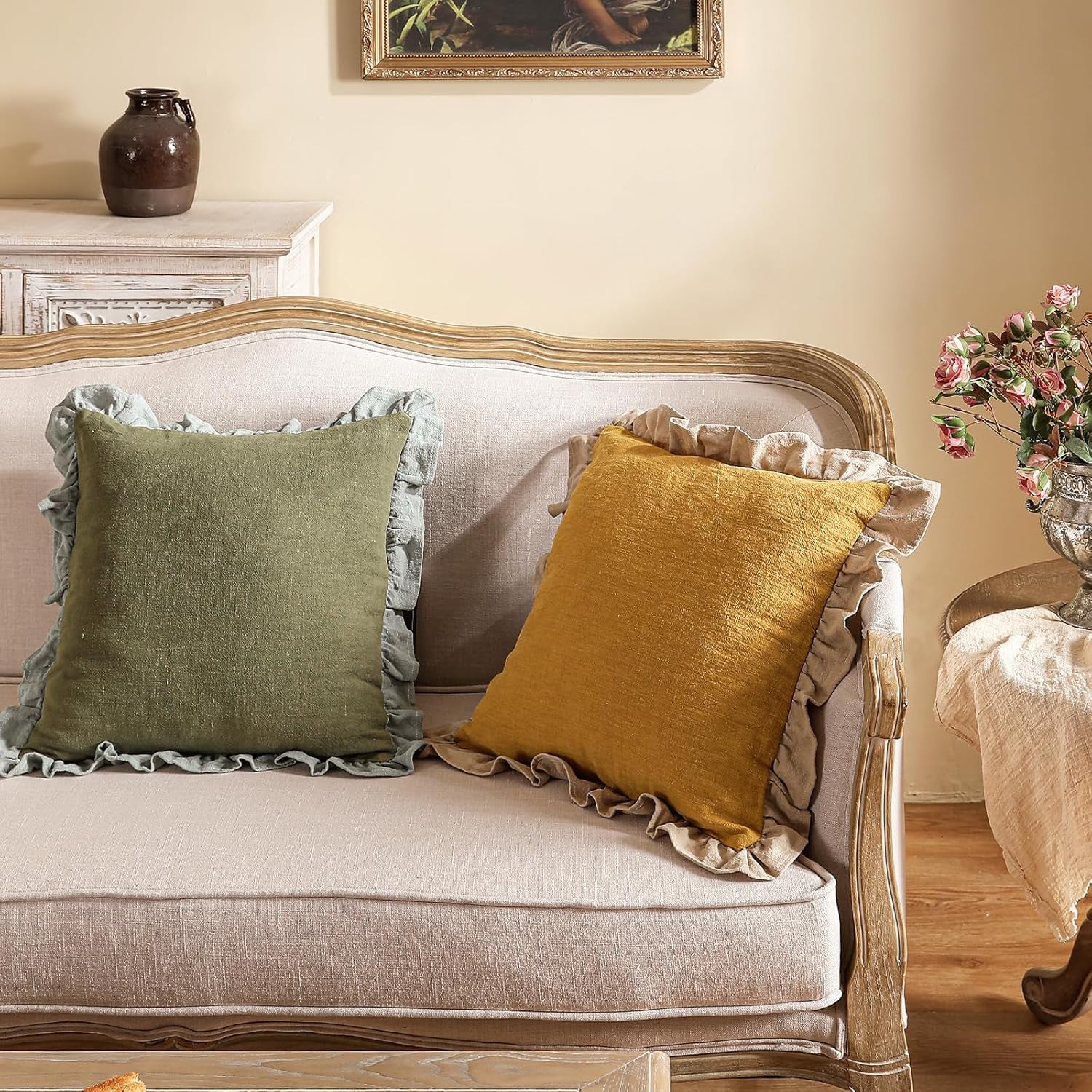 Green Shabby Chic Decorative Throw Pillow Covers 18X18 Set of 2,Farmhouse Linen Pillow Covers with Ruffles,Square Sturdy Throw Pillow Case for Couch Sofa Bed Living Room