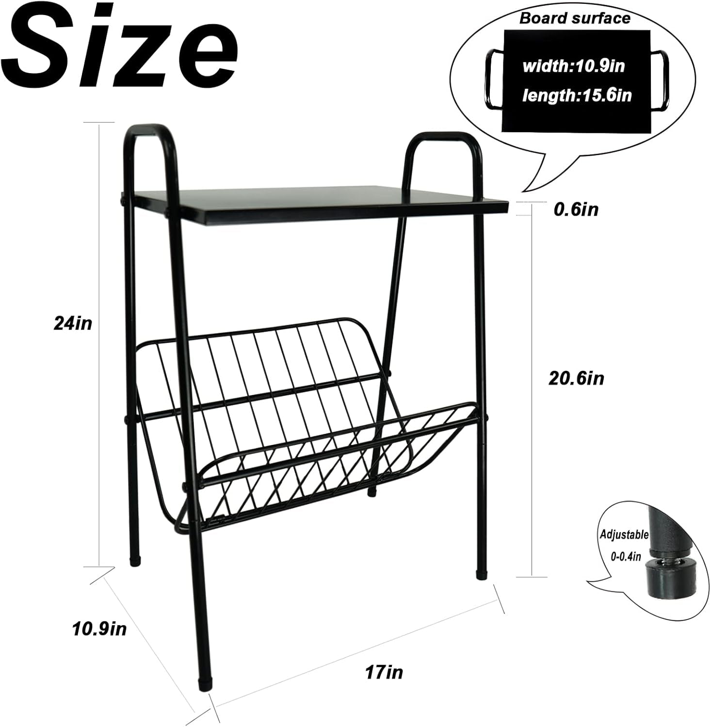 End Table, Metal Nightstand, Record Player Table with Magazine Holder, Record Player Stand with Storage, Side Table for Living Room, Bedroom for Small Spaces, Black