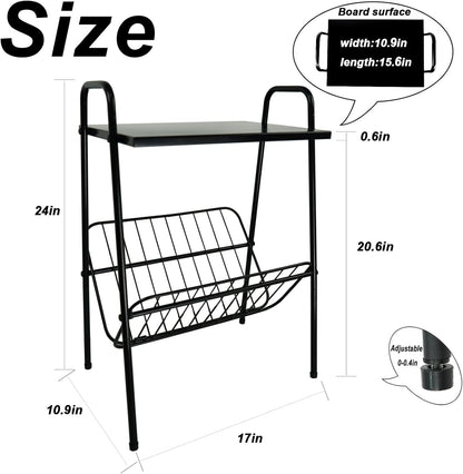 End Table, Metal Nightstand, Record Player Table with Magazine Holder, Record Player Stand with Storage, Side Table for Living Room, Bedroom for Small Spaces, Black