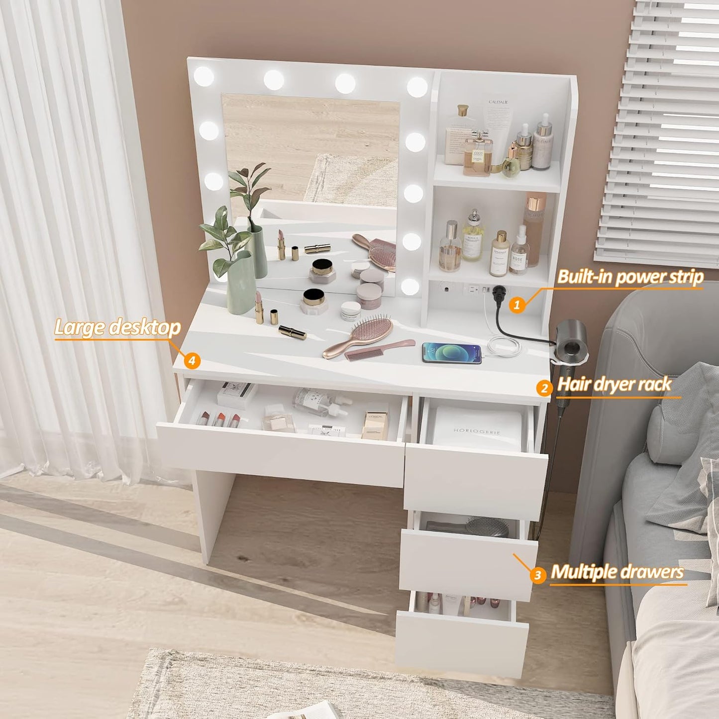 Makeup Vanity with Lights, 37Inch Vanity Desk with Power Strip, 4 Drawers Makeup Table with Lighted Mirror, 3 Lighting Colors, White