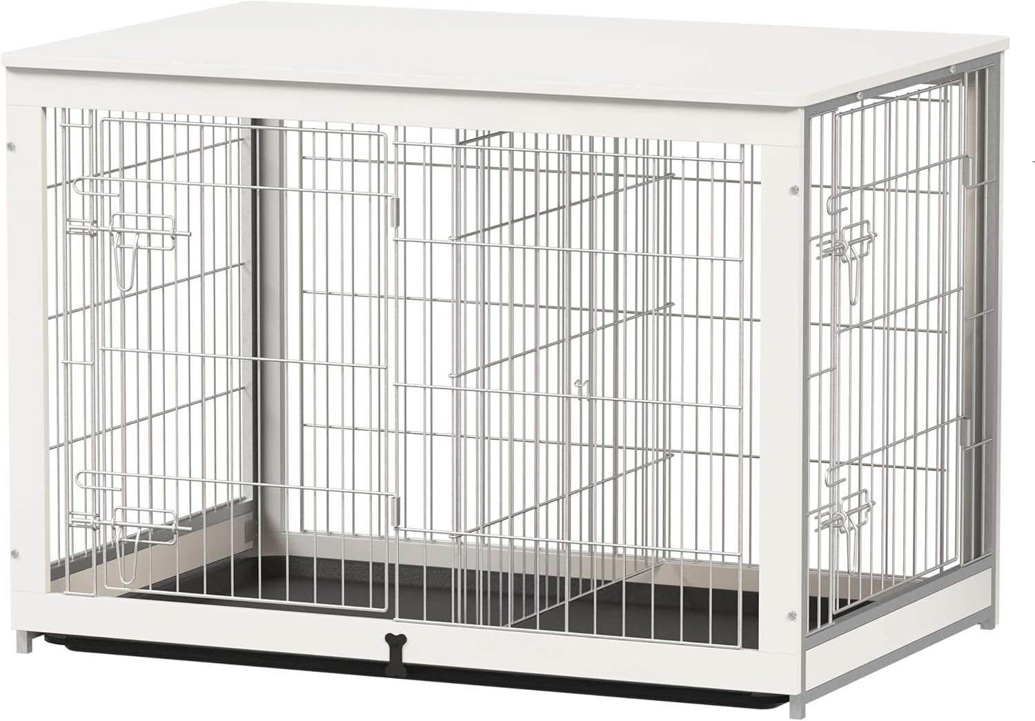 Wooden Dog Crate Furniture with Divider Panel, Dog Crate End Table with Fixable Slide Tray, Double Doors Dog Kennel Indoor for Dogs(Xl:43.2" L * 28.6" W * 30.3" H,White)
