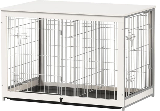 Wooden Dog Crate Furniture with Divider Panel, Dog Crate End Table with Fixable Slide Tray, Double Doors Dog Kennel Indoor for Dogs(Xl:43.2" L * 28.6" W * 30.3" H,White)